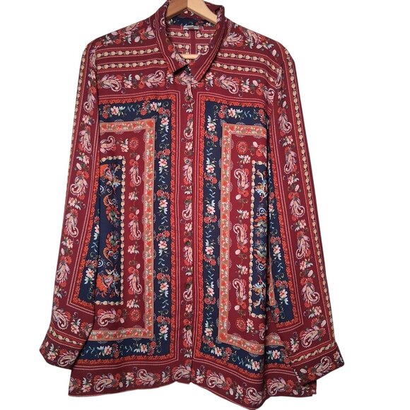dressbarn Tops - Dressbarn Blouse XL Maroon Blue Paisley Floral Tapestry Semi Sheer Long Sleeve